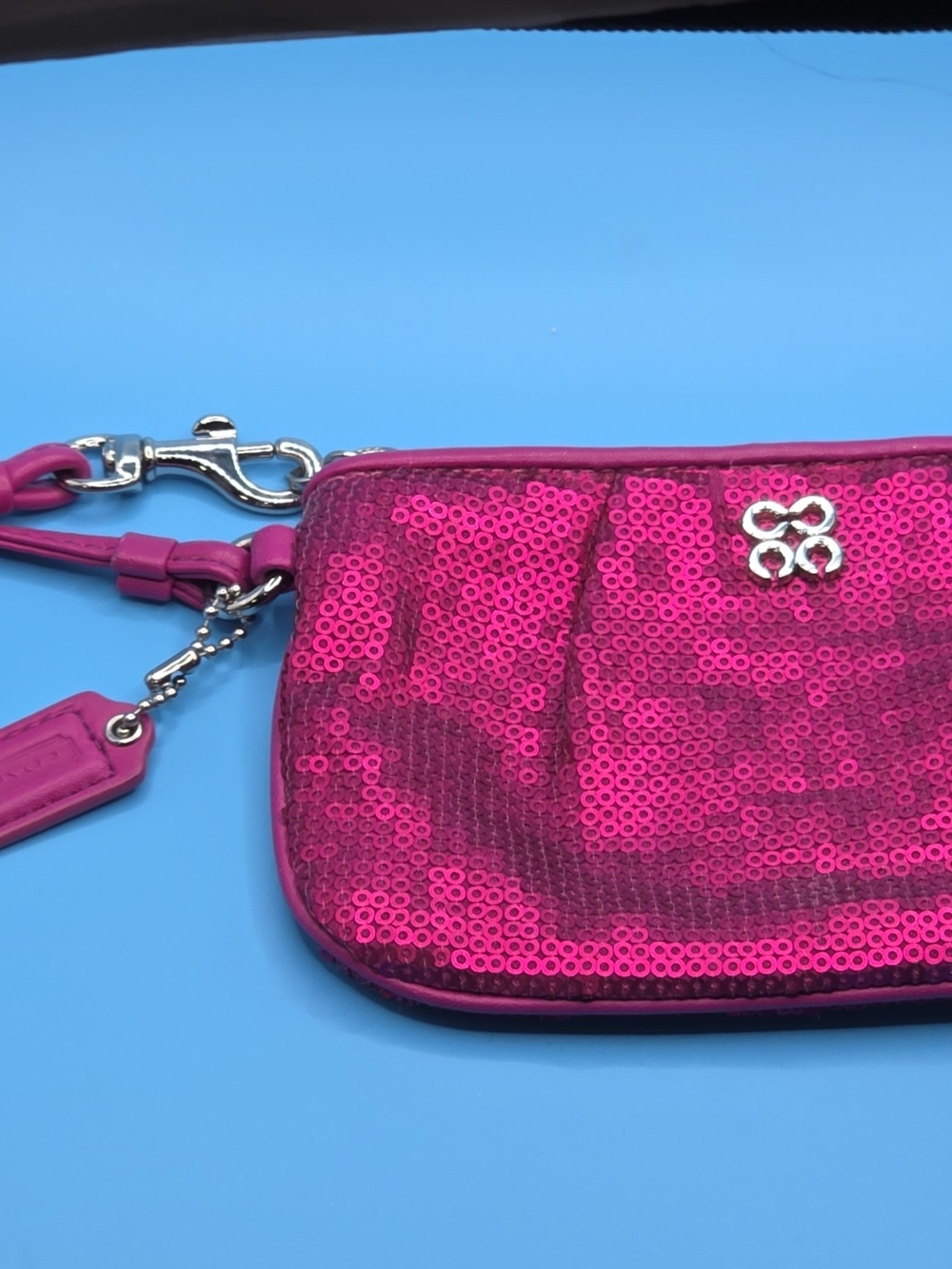 Coach Pink Sequin Wristlet with Silver Accent